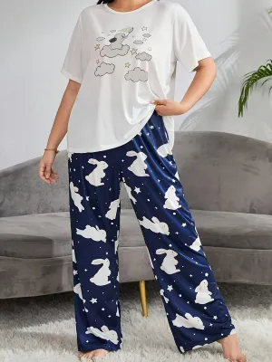 Adorable Comfort Women's Plus Size Kawaii Rabbit & Cloud Print Lounge Set