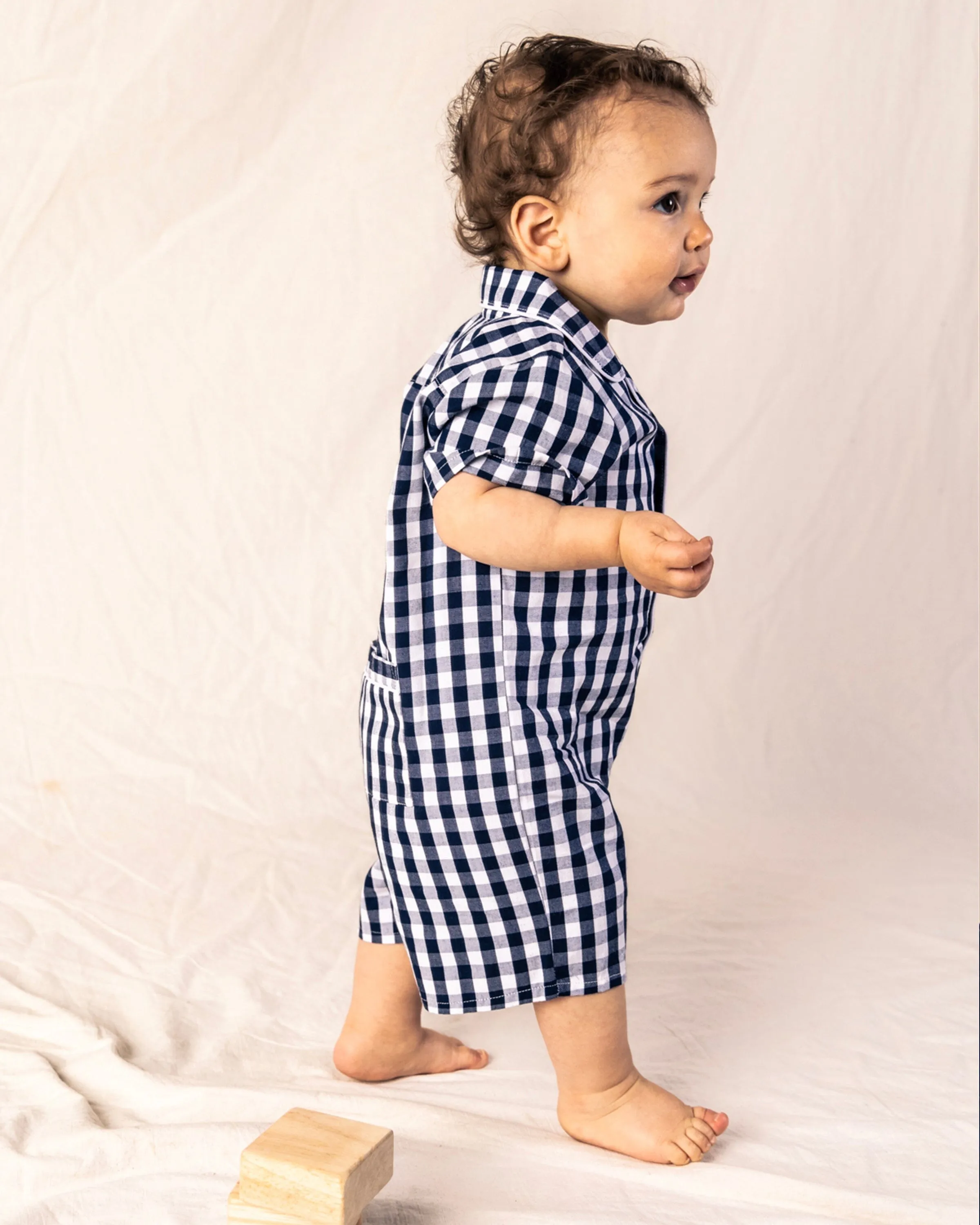 Baby's Twill Summer Romper | Navy Gingham