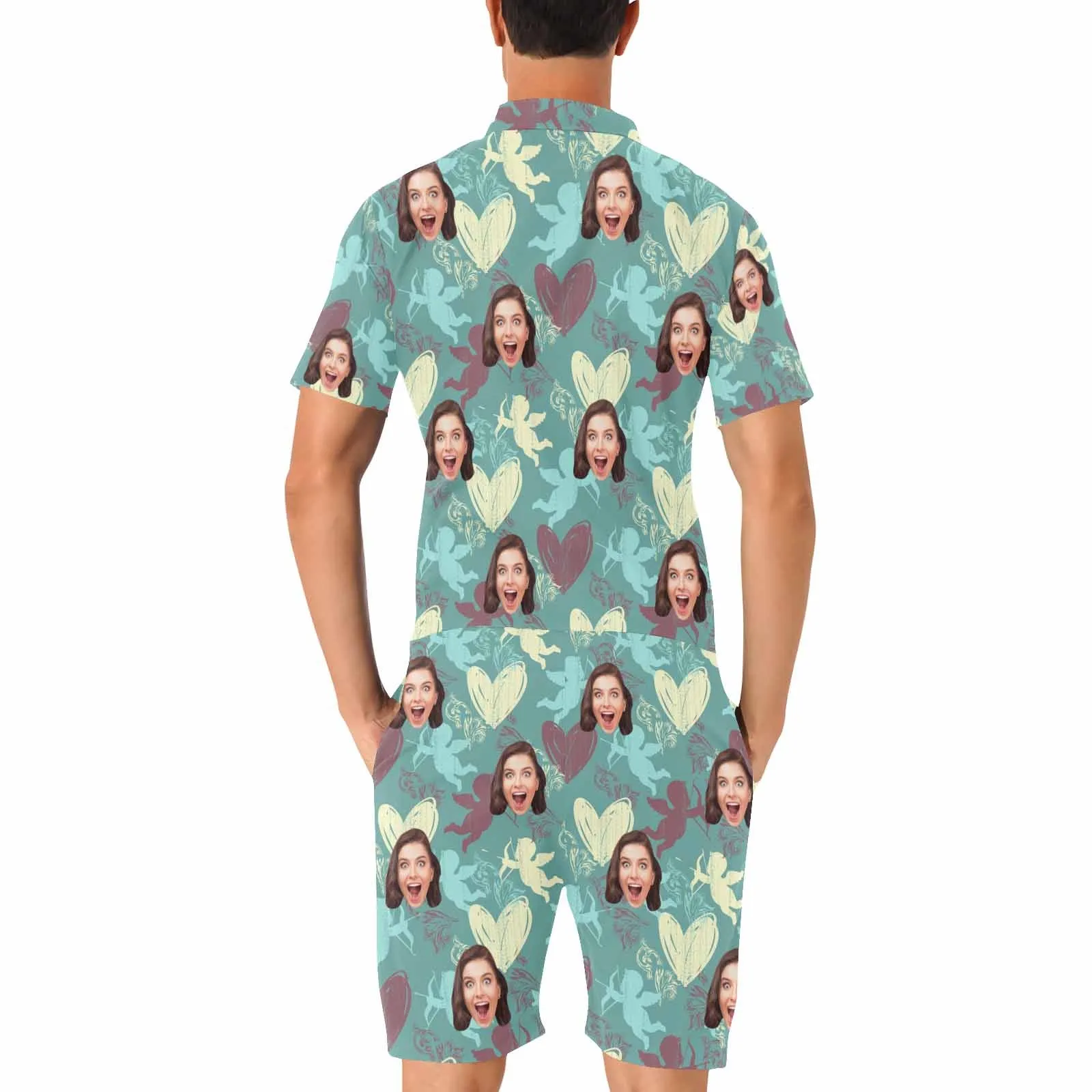 Couple Matching Short Sleeve Onesies Pajamas Custom Face Blue Women's V-Neck Button Jumpsuit Men's Rompers