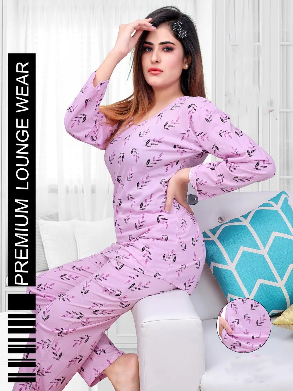 Full Sleeves Purple Printed Long Top Cotton Night Suit