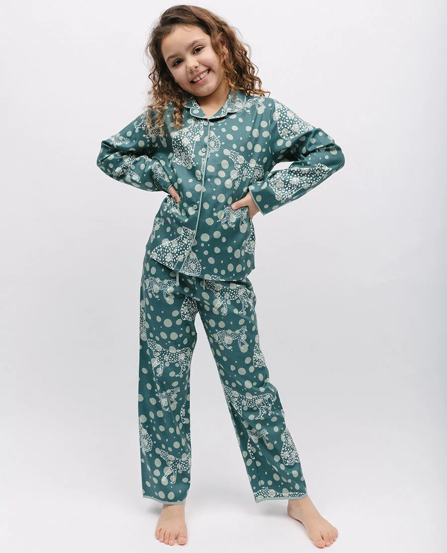 Hannah Girls Grey Leopard Print Pyjama Set