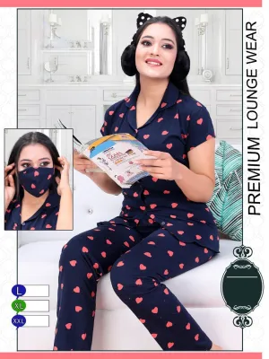 Ladies Dark Blue Cotton Night Suit Pajamas Set