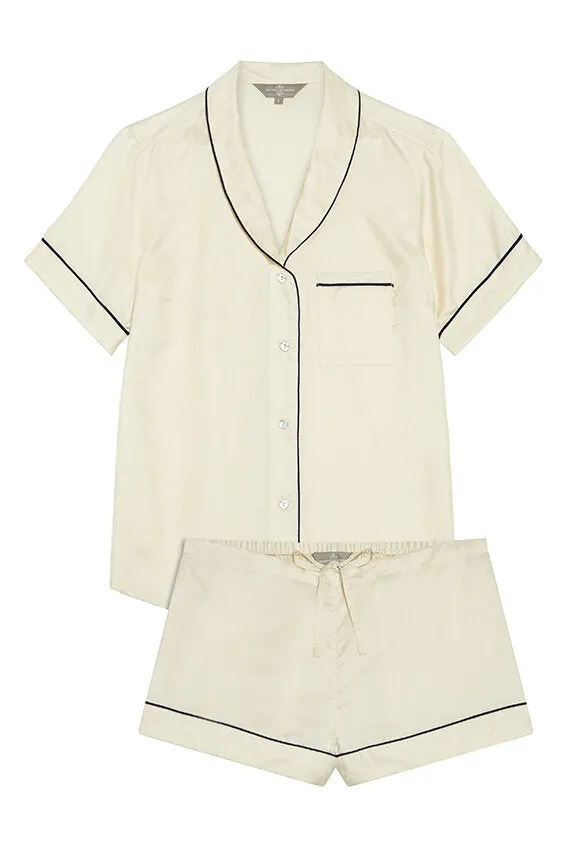 Mulberry Silk Shorties Pyjamas - Natural Ivory with Navy Piping