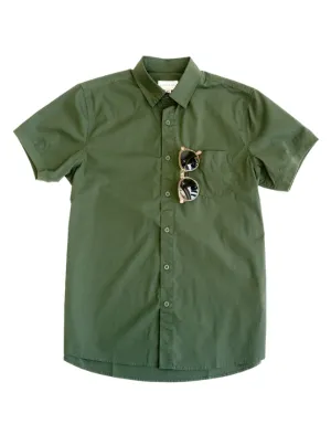 Olive Short Sleeve Button-Up with Ribbed Cuff