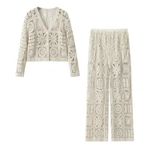 Pre Order:  Hollow Crochet Long Sleeve Knitted Cardigan   Crochet Pants