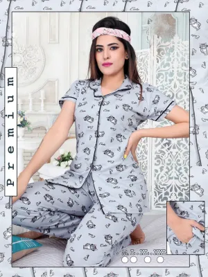 Printed Collar Top and Pajamas Grey Night Suit Set for girls