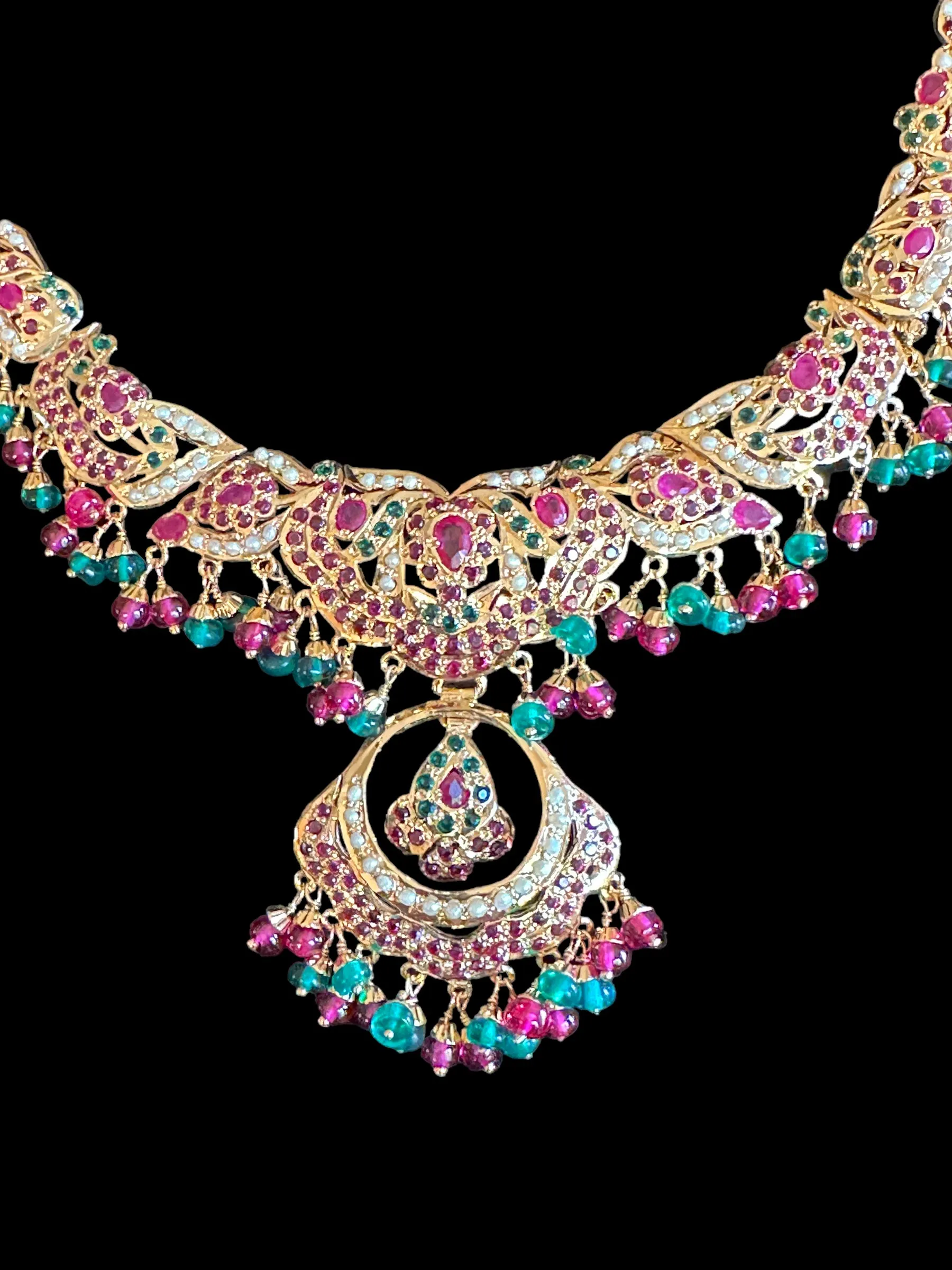 Ruby emerald jadau necklace with earrings in gold plated silver ( READY TO SHIP)