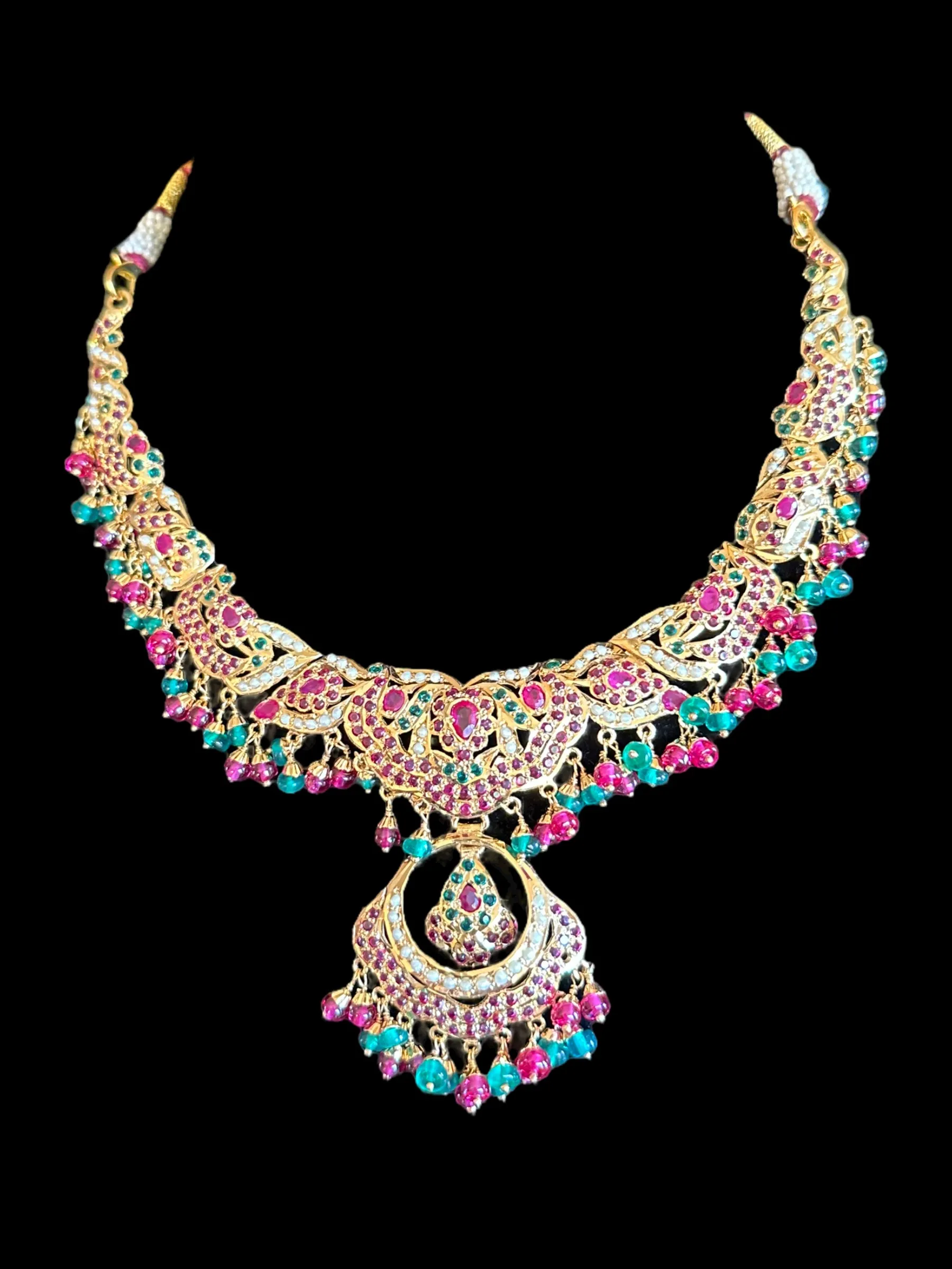 Ruby emerald jadau necklace with earrings in gold plated silver ( READY TO SHIP)