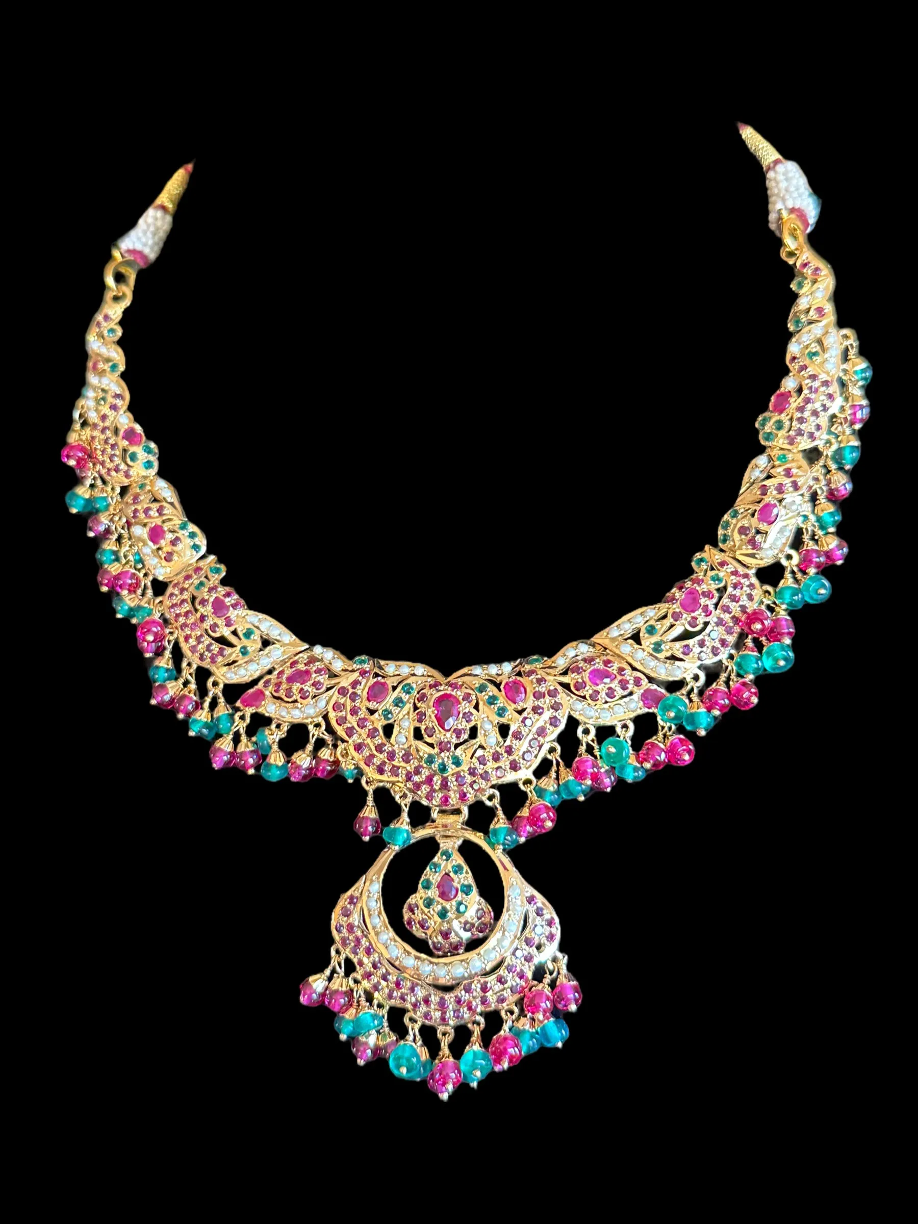 Ruby emerald jadau necklace with earrings in gold plated silver ( READY TO SHIP)