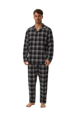 TEEK - Mens Classic Plaid Black Buttoned Top Pajamas