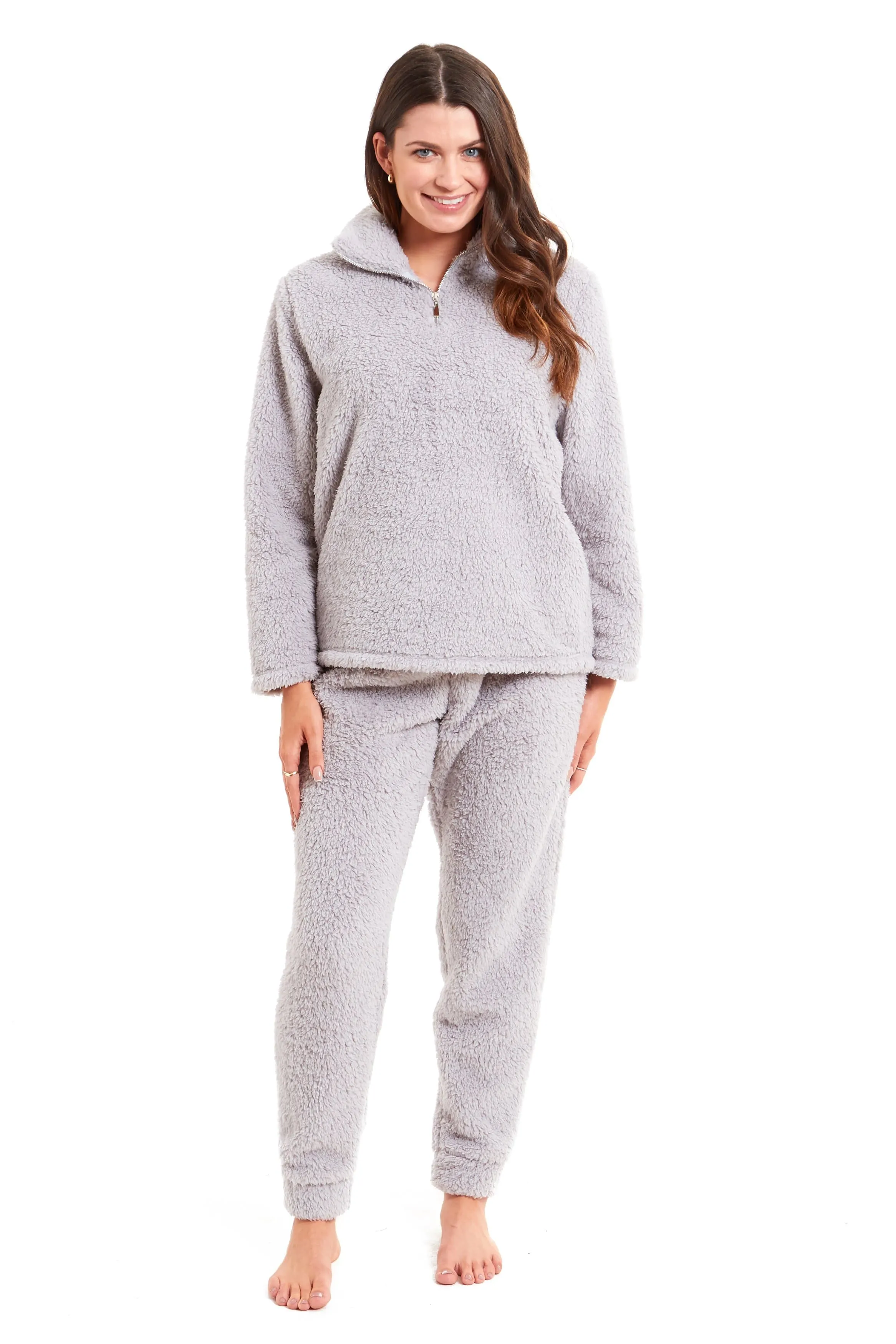 Women's Super Soft Teddy Fleece Lounge Set Cosy Fluffy Zip-Up Pyjama with Elasticated Waistband Warm Nightwear by Daisy Dreamer