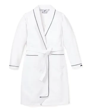 Women's White Flannel Robe with Navy Piping